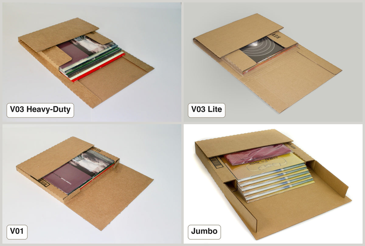LP Mailer Sample Box: V03 Heavy-Duty, V03 Lite, V01 and Jumbo LP mailers